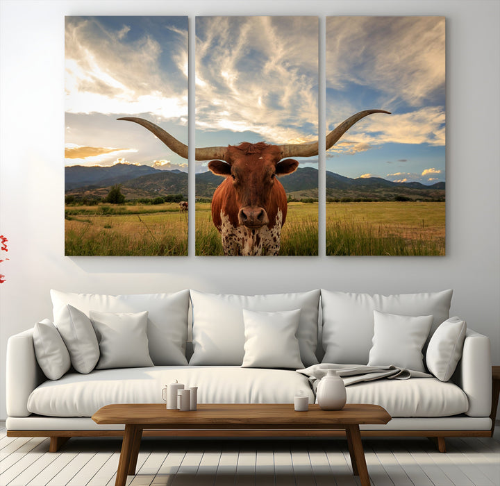 Texas Longhorn Canvas Wall Art – Majestic Triptych Animal Print – Rustic Western Decor for Living Room or Office – Ready to Hang