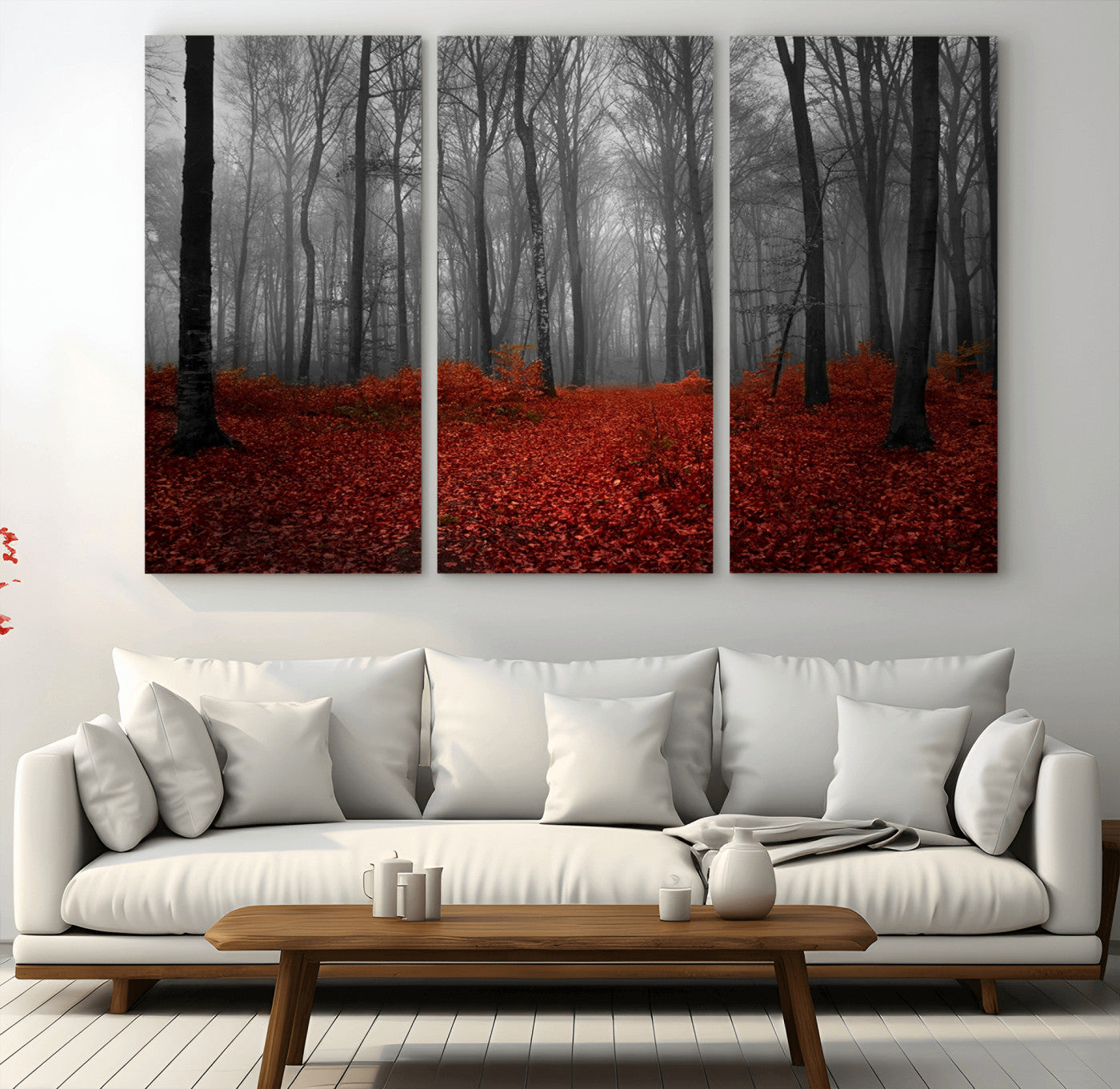 -Red Forest Floor Canvas Wall Art – Mystical Foggy Woodland Triptych – Nature-Inspired Decor for