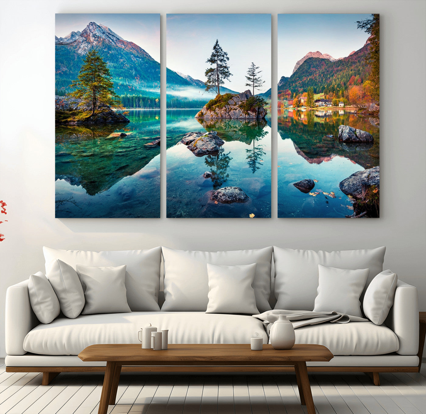 MGV-CV-48X32-3P - Crystal Clear Lake Wall Art | Mountains Wall Art Canvas | 3 Panel Large Landscape Print for Dining