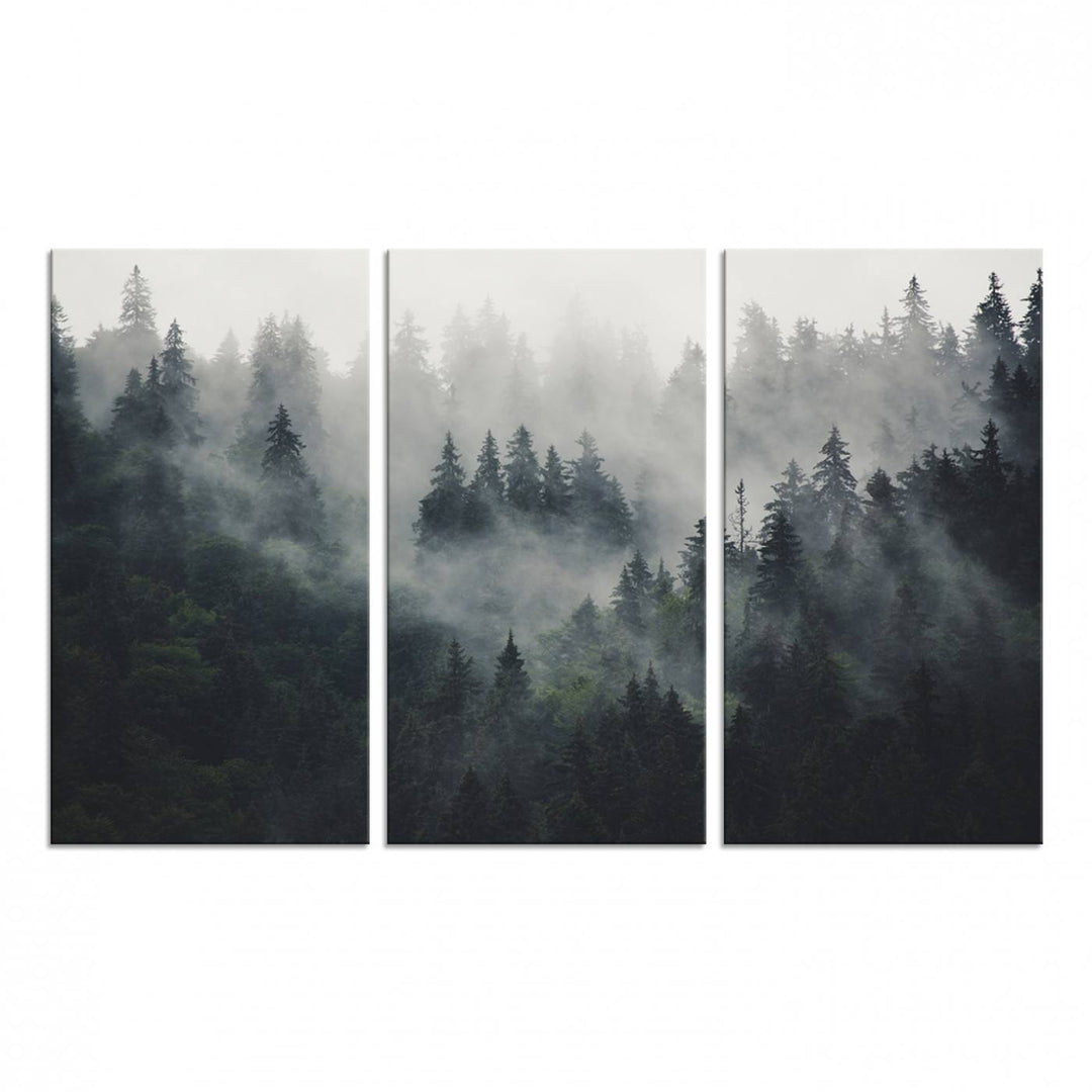 The Serene Triptych Print features tall evergreens, creating a mysterious and calming atmosphere.