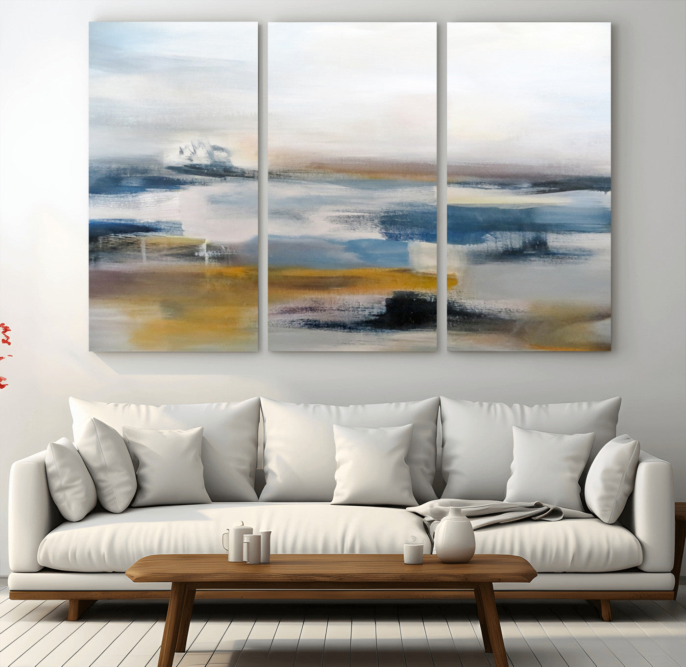 95919-MGV-CV-36X24-Abstract Landscape Wall Art Canvas | 3 Panel Modern Blue, Gold, and White Canvas Art for Living