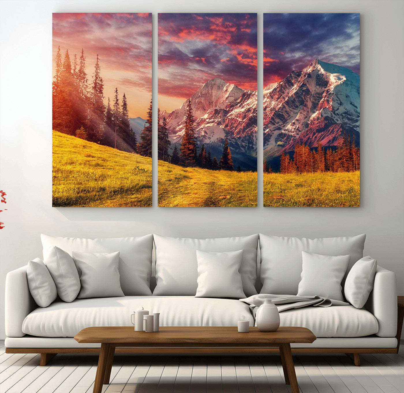 48448-MGV-CV-48X32-3P-Mountain and Daylight Red Sunset Wall Art Canvas Print