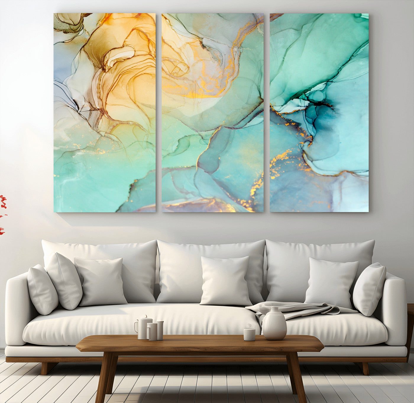 84233-MGV-CV-60X40-3P-Abstract Aqua and Gold Fluid Wall Art Canvas | 3 Panel Large Canvas Print for Living Room, Office, or Modern Space | Elegant Contemporary