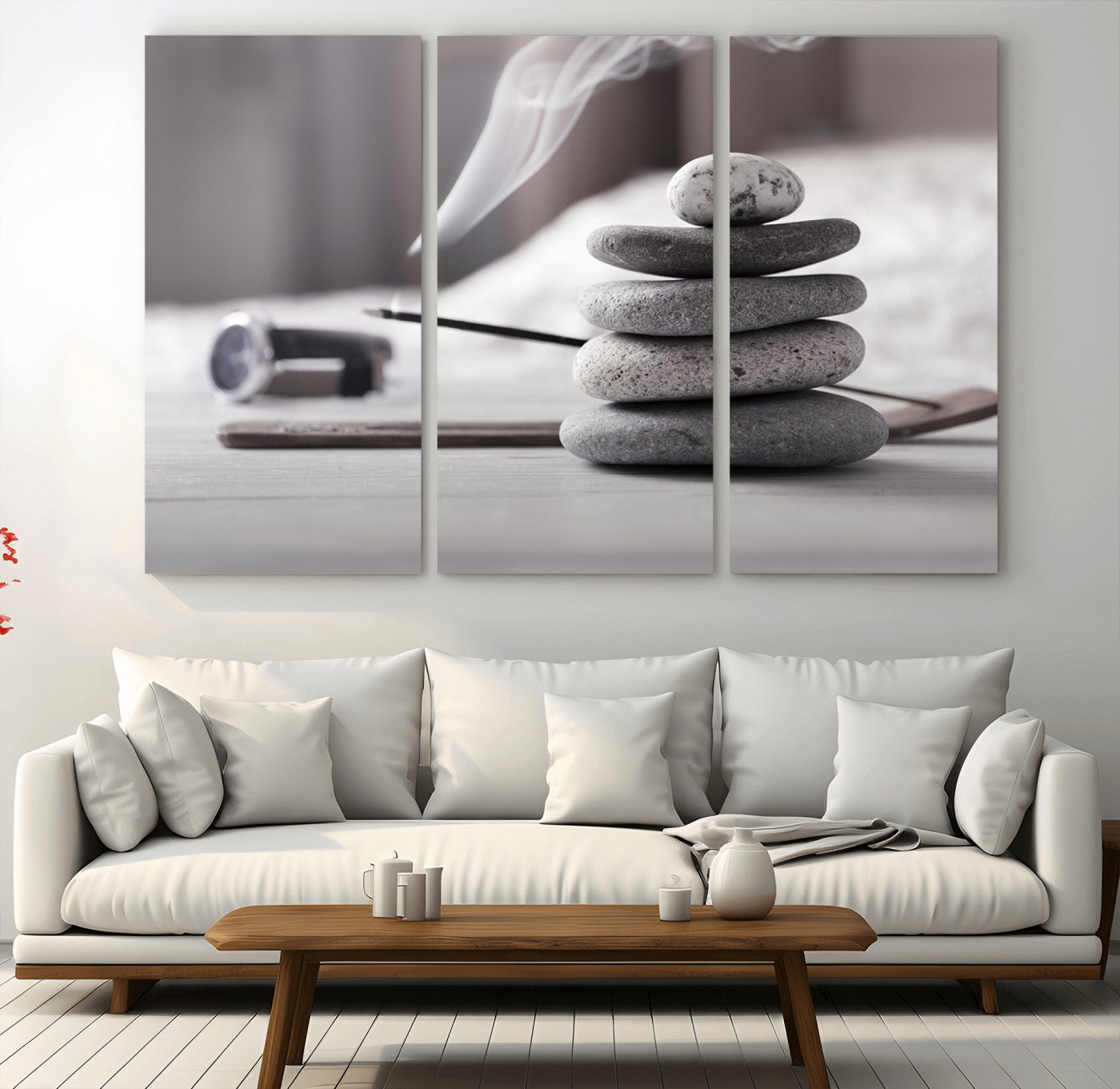 50072-MGV-CV-48X32-3P-Burning Incense and Zen Stones Buddhism Wall Art, Zen Stones Wall Art Canvas Print