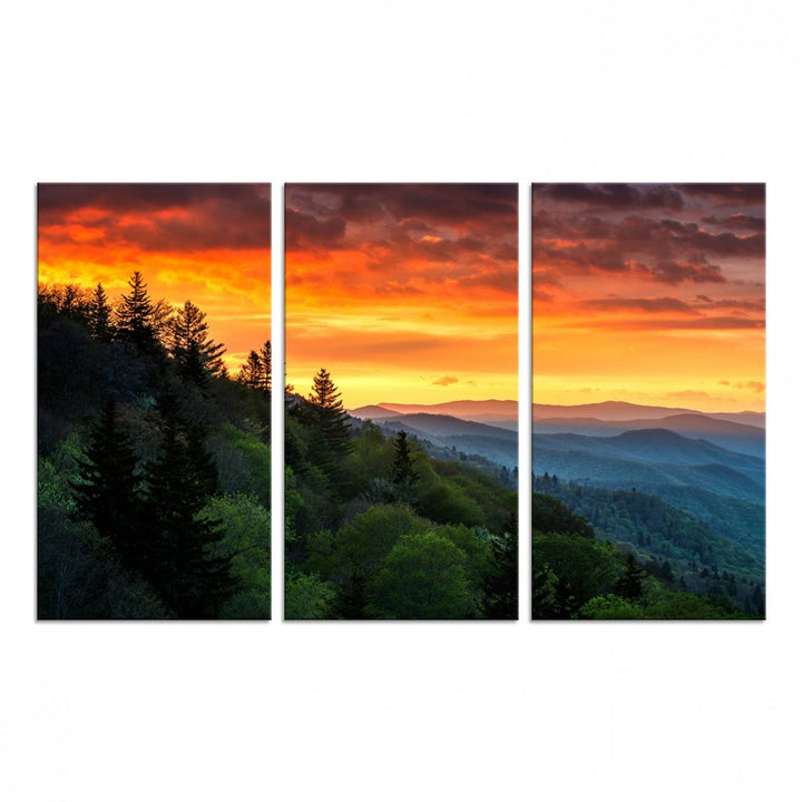 The Great Smoky Mountains Sunset Wall Art, a 3-panel print, beautifully captures natures beauty and is perfect for living room or office decor.