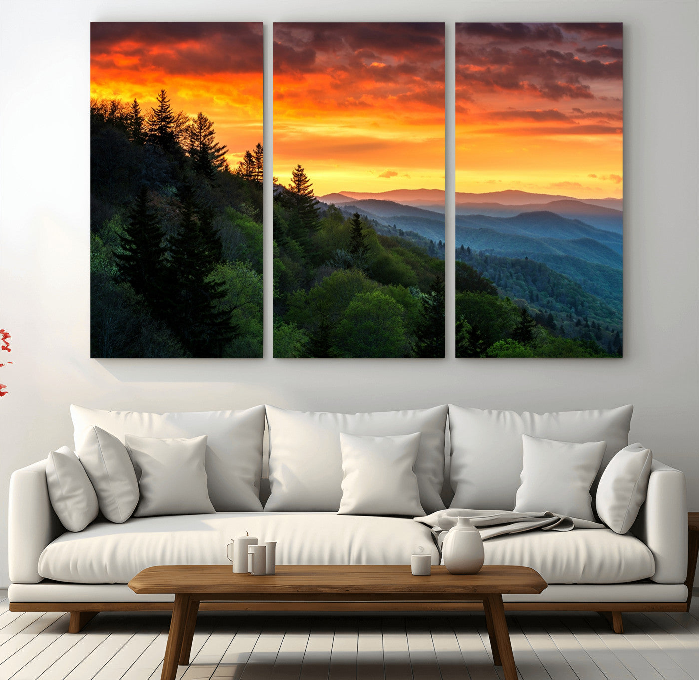 28501-MGV-CV-36X24-Great Smoky Mountains Sunset Wall Art Canvas Print | 3 Panel Large Nature Landscape Photography for