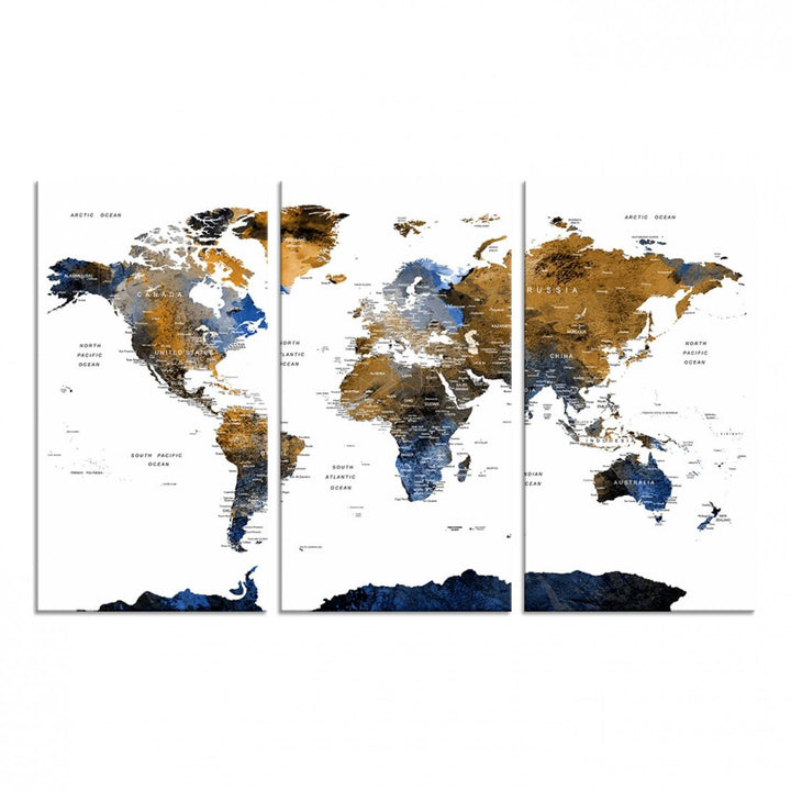 The Triptych Modern World Map Canvas in blue and brown is an ideal global decor piece for enhancing living rooms or offices. It comes ready to hang.