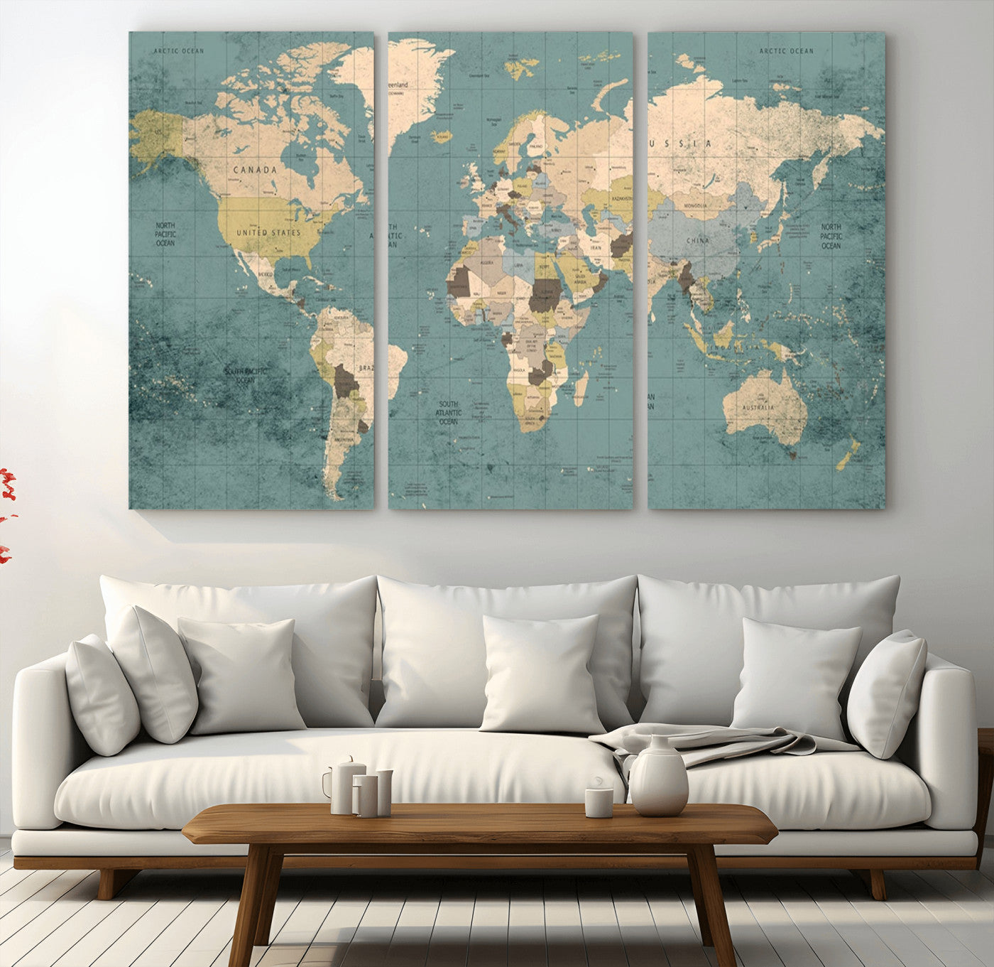 MGV-CV-48X32-3P - Classic World Map Wall Art Canvas Print, Framed Retro Map Art Picture Print, Vintage Atlas Perfect Rustic Explorer Decor Artwork