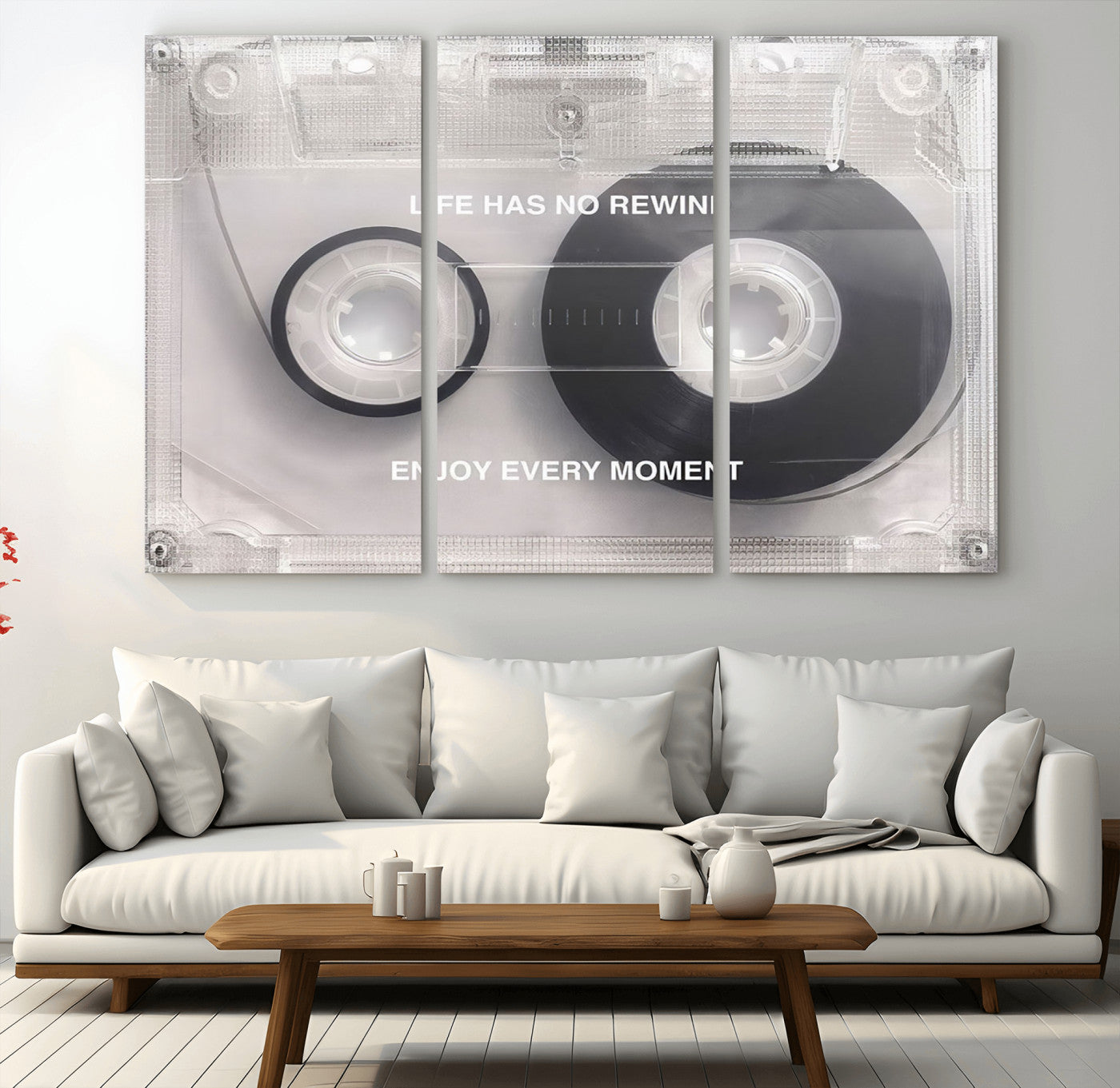 MGV-CV-48X32-3P - Vintage Cassette Tape Canvas Wall Art - Inspirational 'Life Has No Rewind' Quote, Retro Music Decor