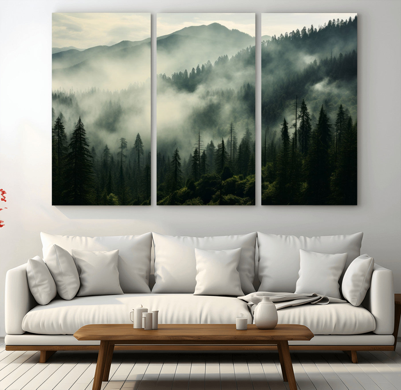 25295-MGV-CV-60X40-3P-Captivating Misty Forest Wall Art Premium Canvas Print a Foggy and Serene Atmosphere