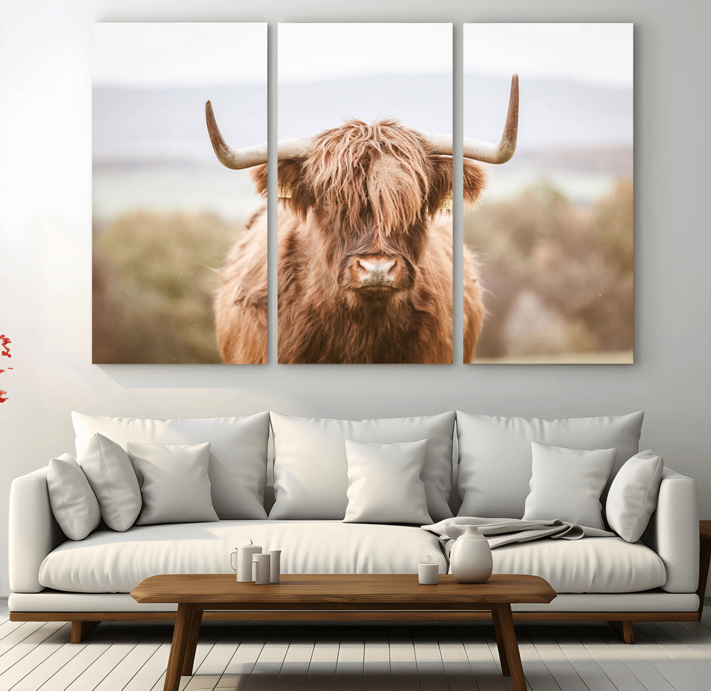 MGV-CV-48X32-3P - Scottish Serene Highland Cow Canvas Wall Art – Serene Highland Cow in Natural Pastel Tones – Ready
