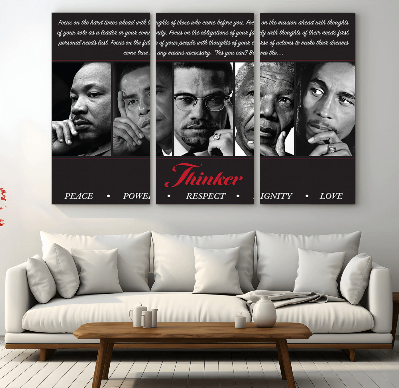 45112-MGV-CV-36X24-Thinker Quintet Canvas Wall Art – Martin, Obama, Malcolm X, Mandela, Marley Featuring Peace, Power,