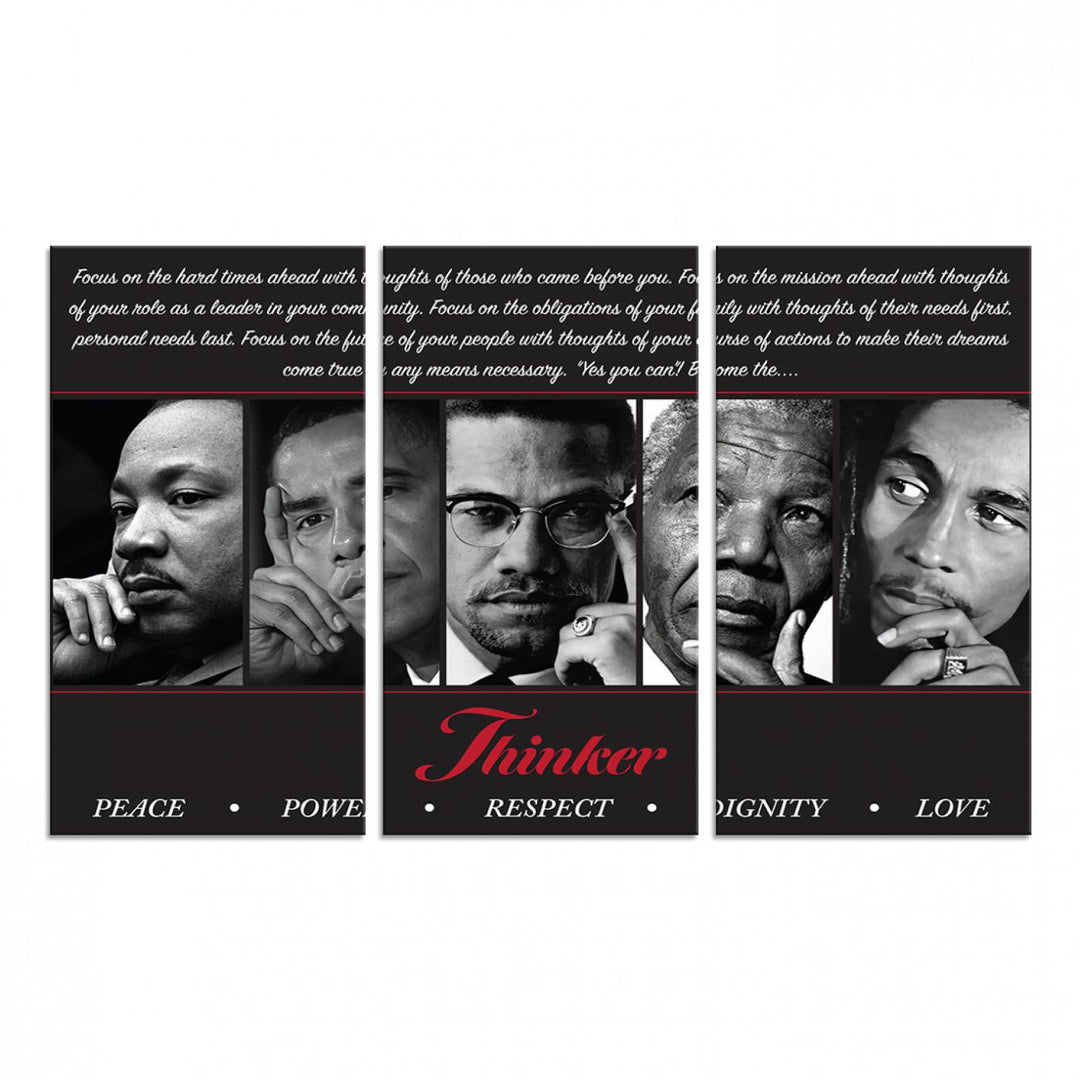 The Thinker Quintet Canvas Wall Art features portraits of Martin, Obama, Malcolm X, Mandela, and Marley, each representing virtues such as Peace and Power.