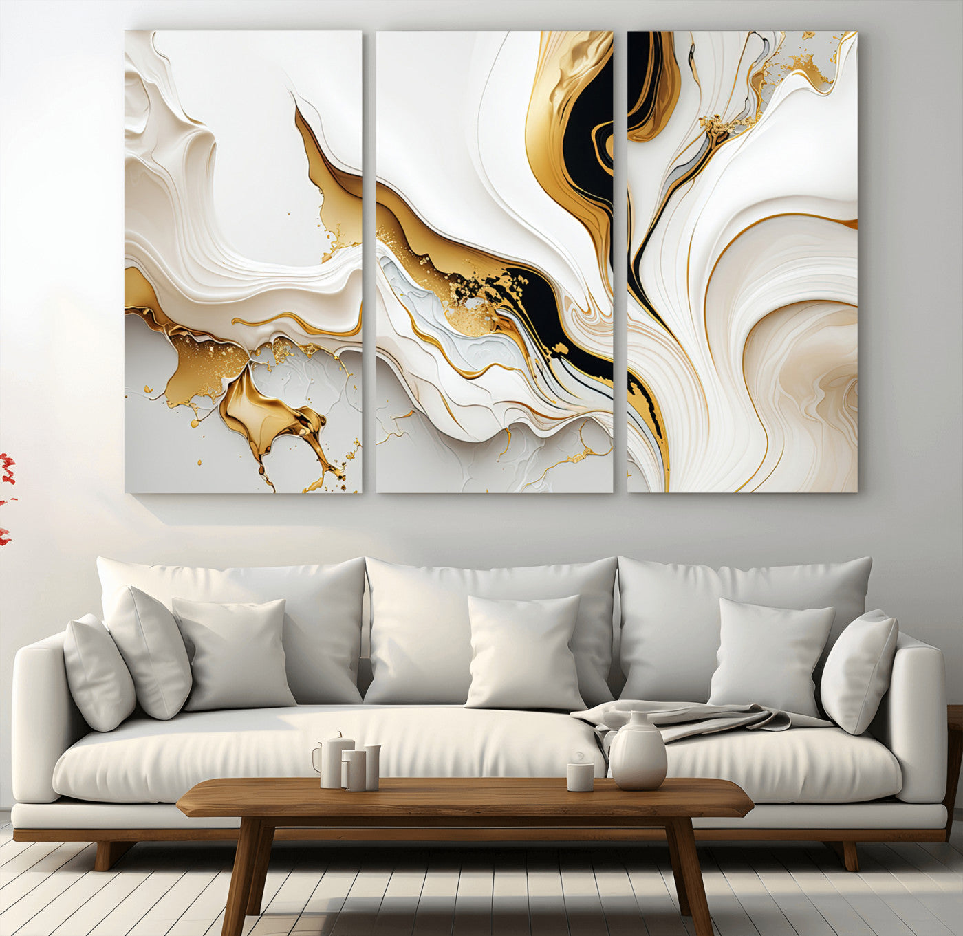 -Gold Waves on Pure White Canvas – Gold Abstract Art for Modern Interiors | Wall Art Canvas, Framed &