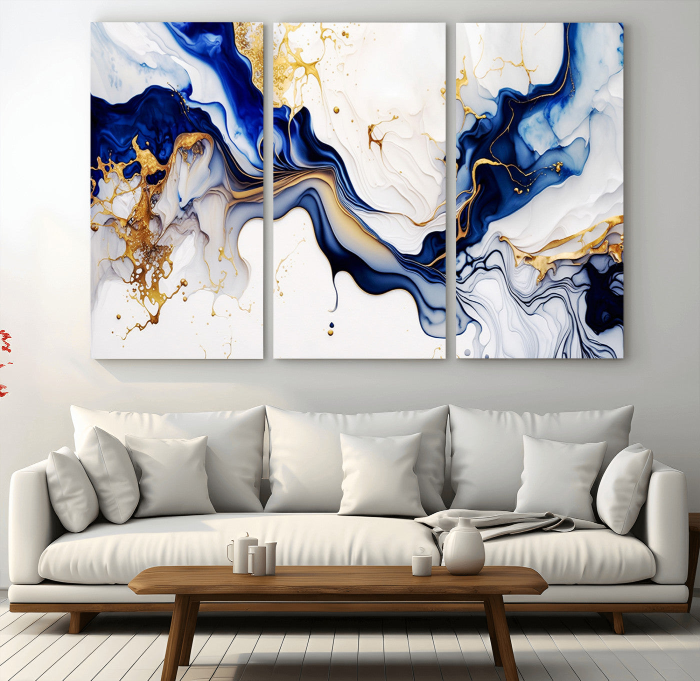 MGV-CV-48X32-3P - Golden Cascades on Midnight Blue – Deep Blue Abstract Wall Art Flowing Elegance | Wall Art Canvas,