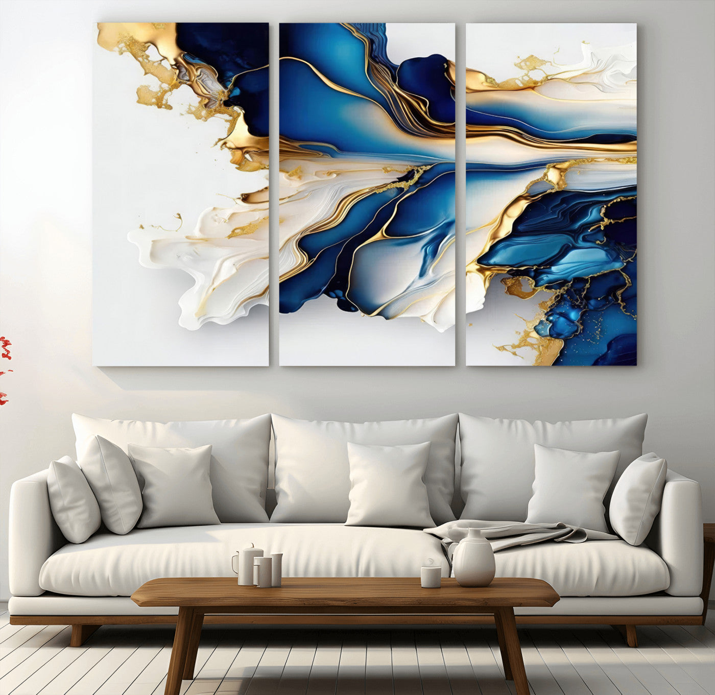 MGV-CV-48X32-3P - Gold Marble Art - Abstract Geode Gold And Blue Marble Shape 3 Pieces Wall Art Canvas Print