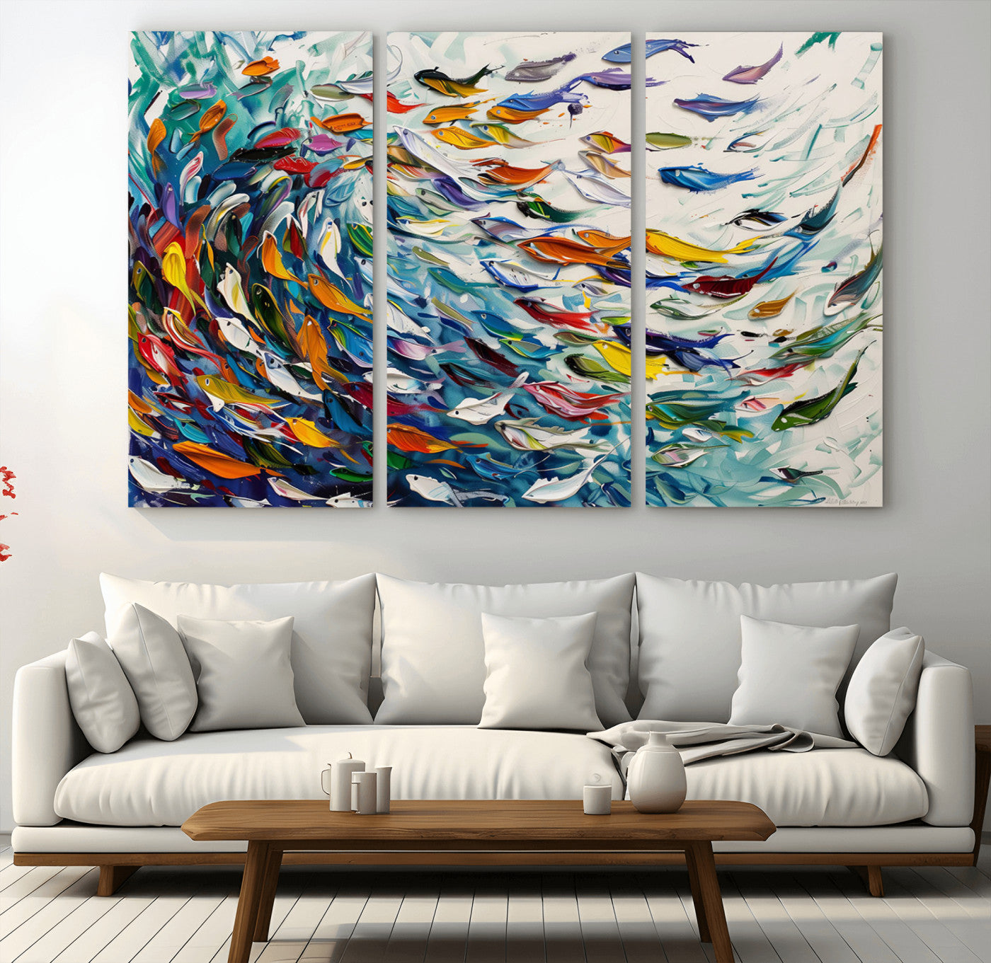 MGV-CV-48X32-3P - Modern Abstract Fish Shoal Wall Art Canvas Print, Colorful Fish Herd Painting on Canvas Print, Ocean