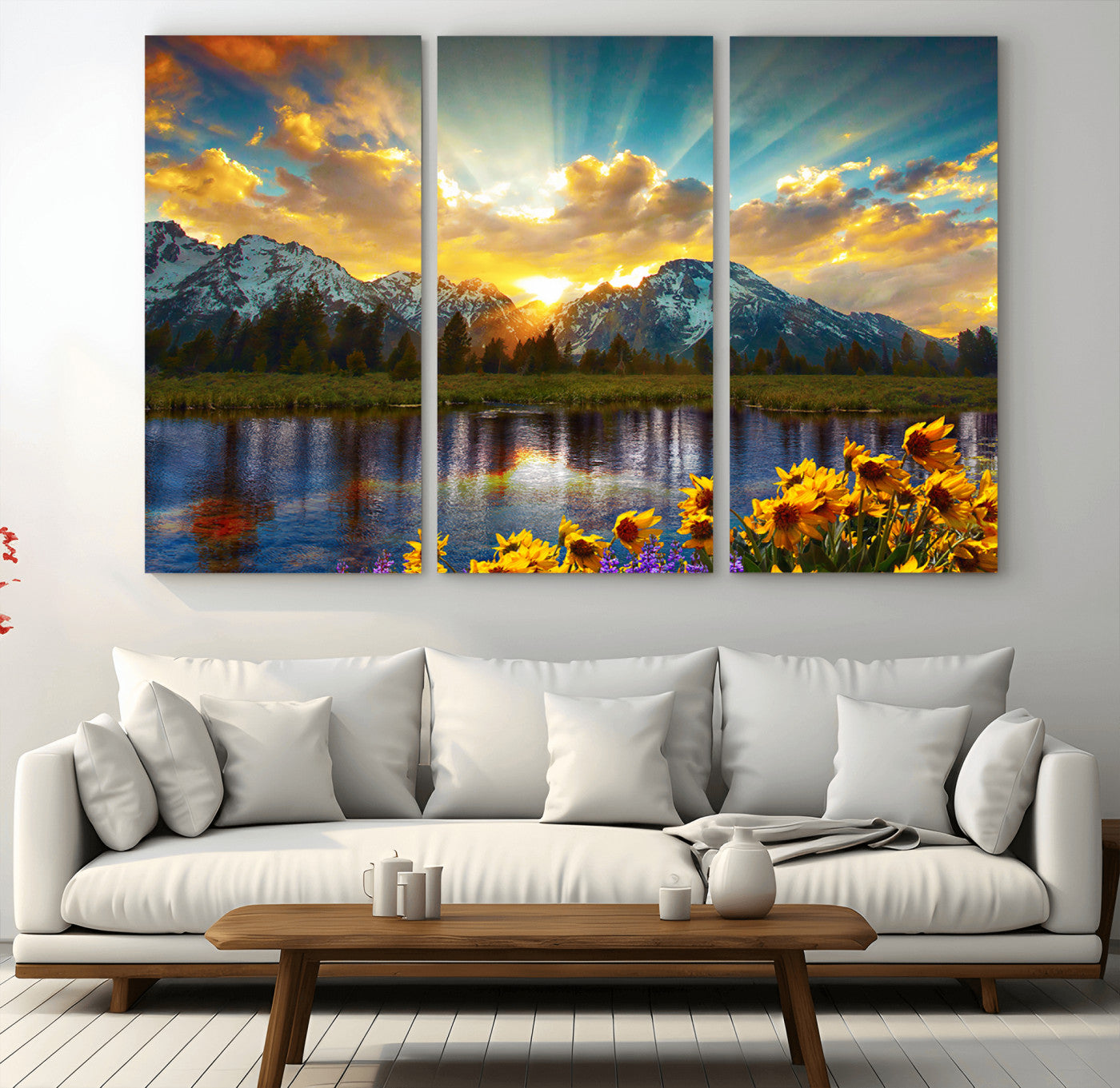 MGV-CV-48X32-3P - Grand Teton Park Amazing Mountain Landscape Sunset Wall Art Canvas Print