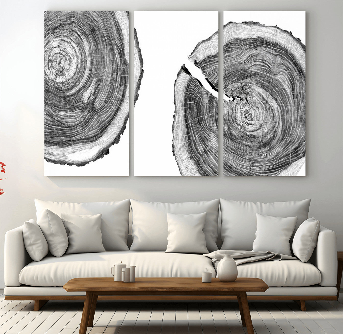 MGV-CV-48X32-3P - Modern Black and White Tree Rings Canvas Wall Art – Nature Inspired Wood Slice Print – Minimalist