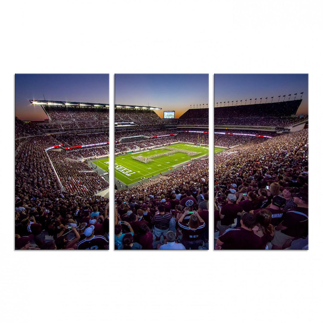 A vibrant canvas print of Texas A&M Aggies at College Stations Kyle Field Stadium captures the energy of fans cheering as the band marches at sunset.