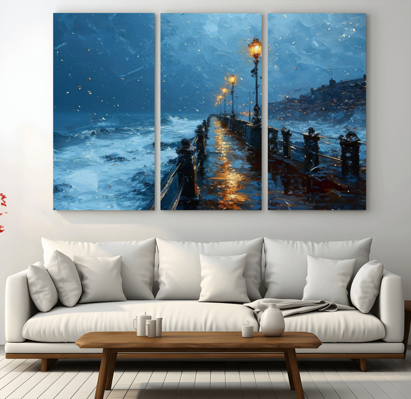 MGV-CV-48X32-3P - Stormy Night at Beach Pier Oil Painting Large Wall Art Print, Framed Canvas Nature Wall Decor,