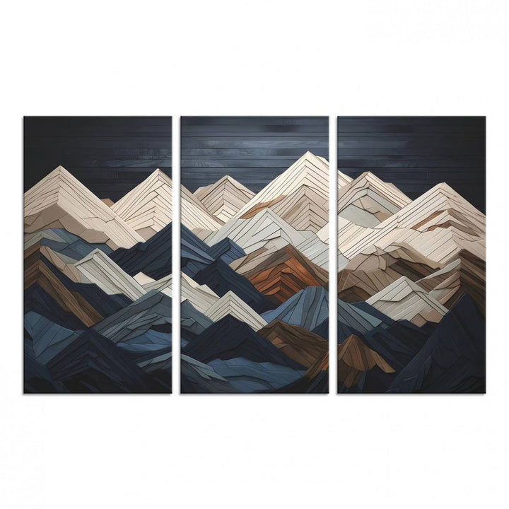 Abstract wood mountain range wall art in a 3-piece set featuring shades of blue, brown, and cream, ideal for modern rustic decor.