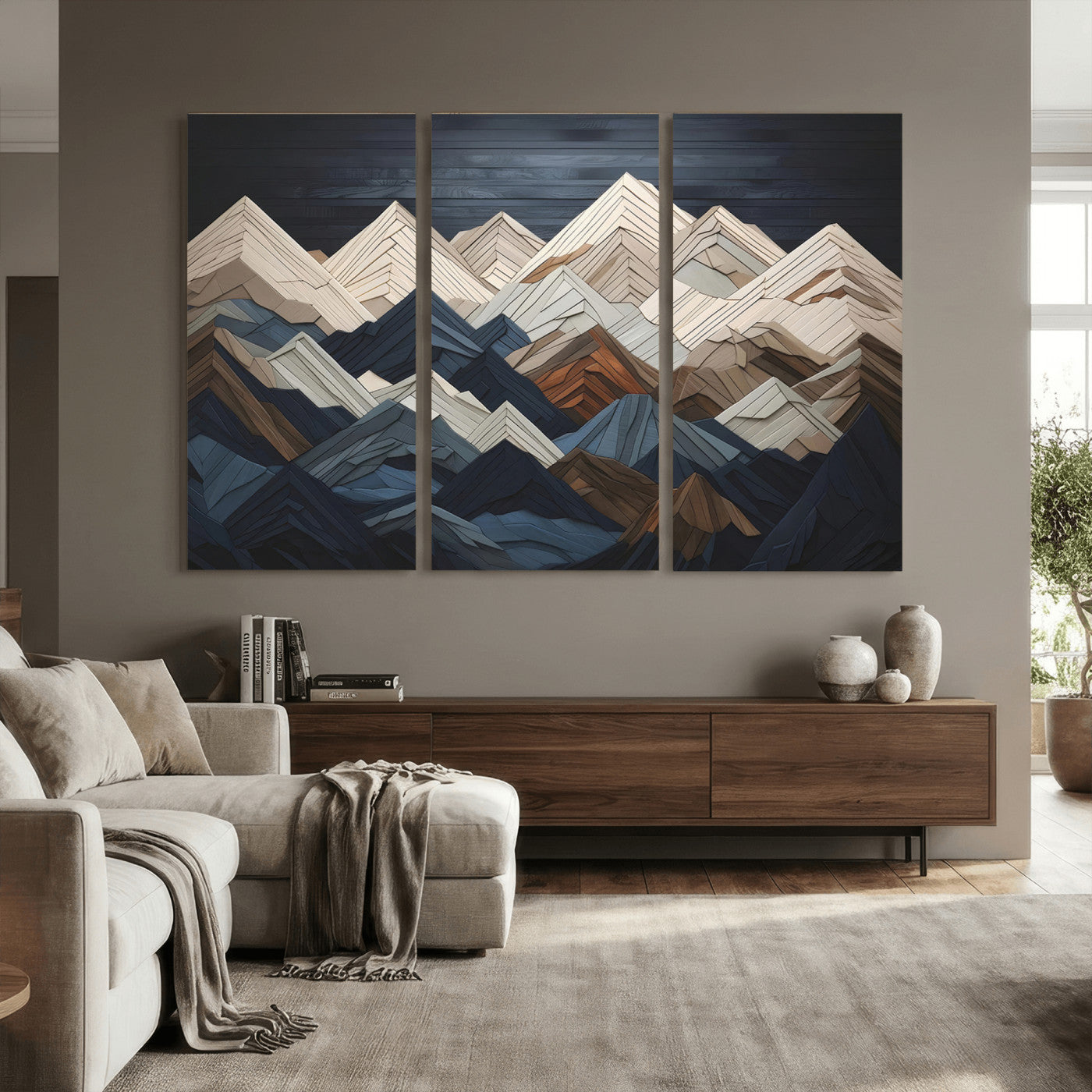 12896-MGV-CV-36X24 - Wood Mountain Range Wall Art - Ready to Hang 3-Piece Set for Modern Rustic Decor, Abstract Wooden