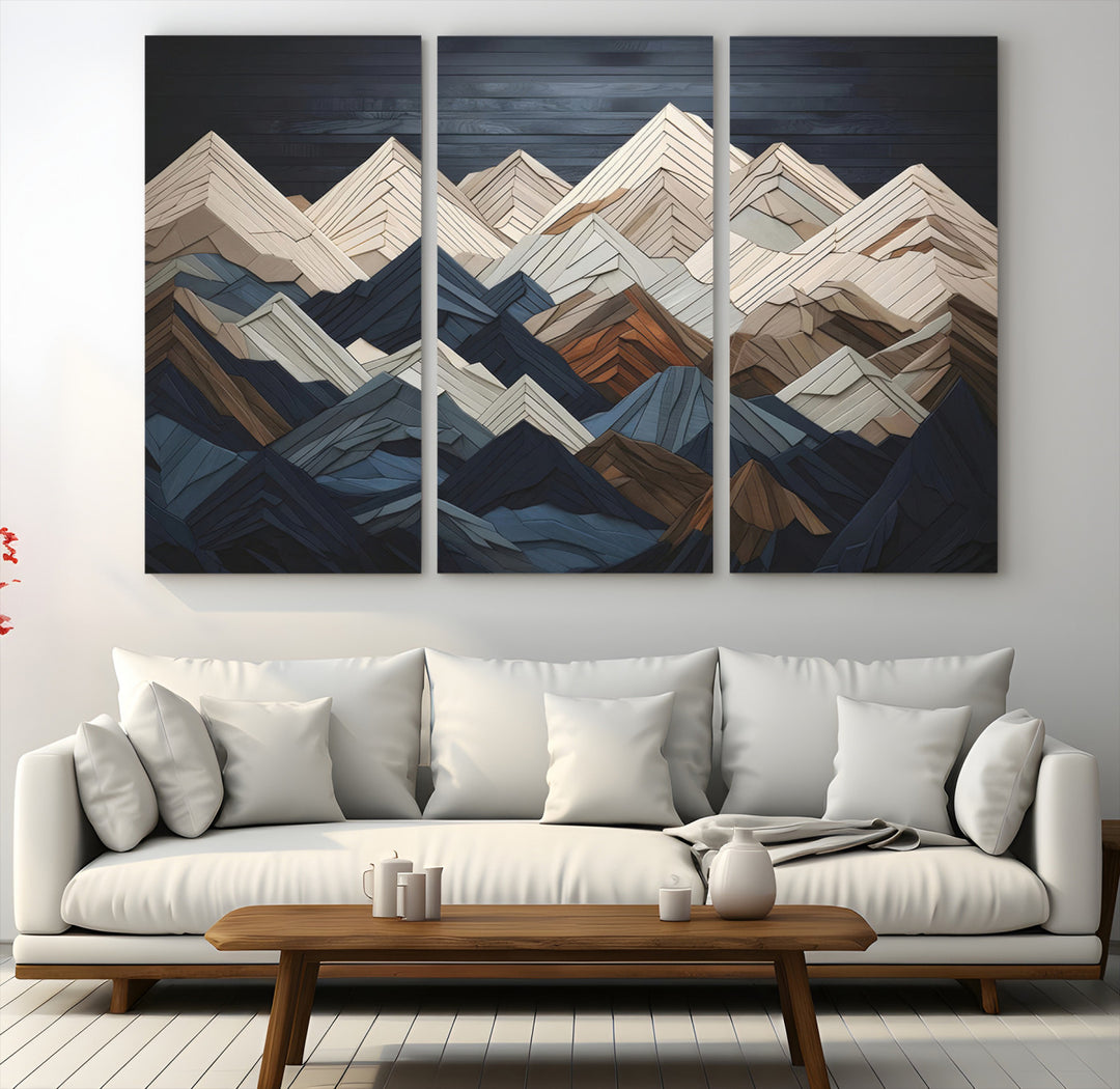 Rustic Mountain Landscape Wall Art Print - Wooden 3D Effect Mountain Canvas Print - Textured Peaks Wall Art for Cabin or Lodge Decor