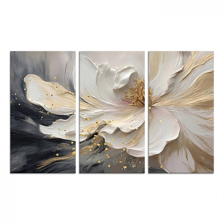 Elegant White and Gold Floral Triptych Canvas Art, a modern textured flower painting for home or office decor, features a blurred gray background.