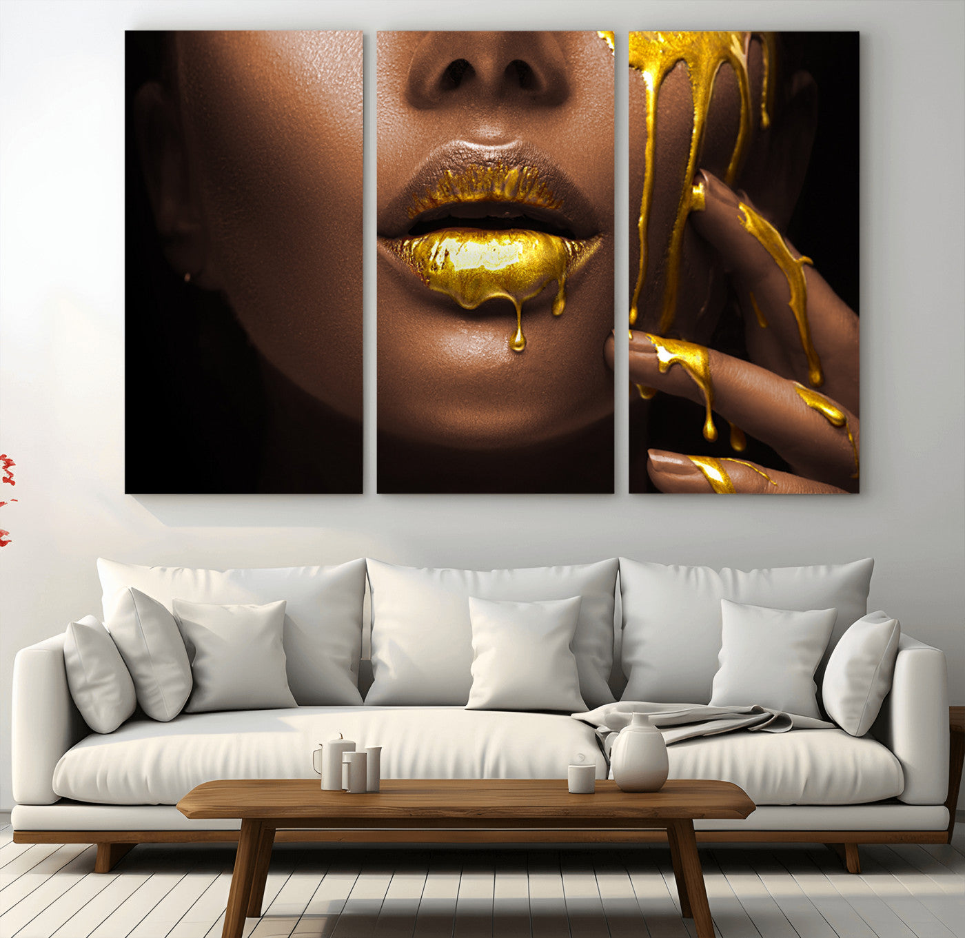 MGV-CV-48X32-3P - African American Art Black Woman Canvas Print, African Wall Art, Fashion African Woman Gold Lips