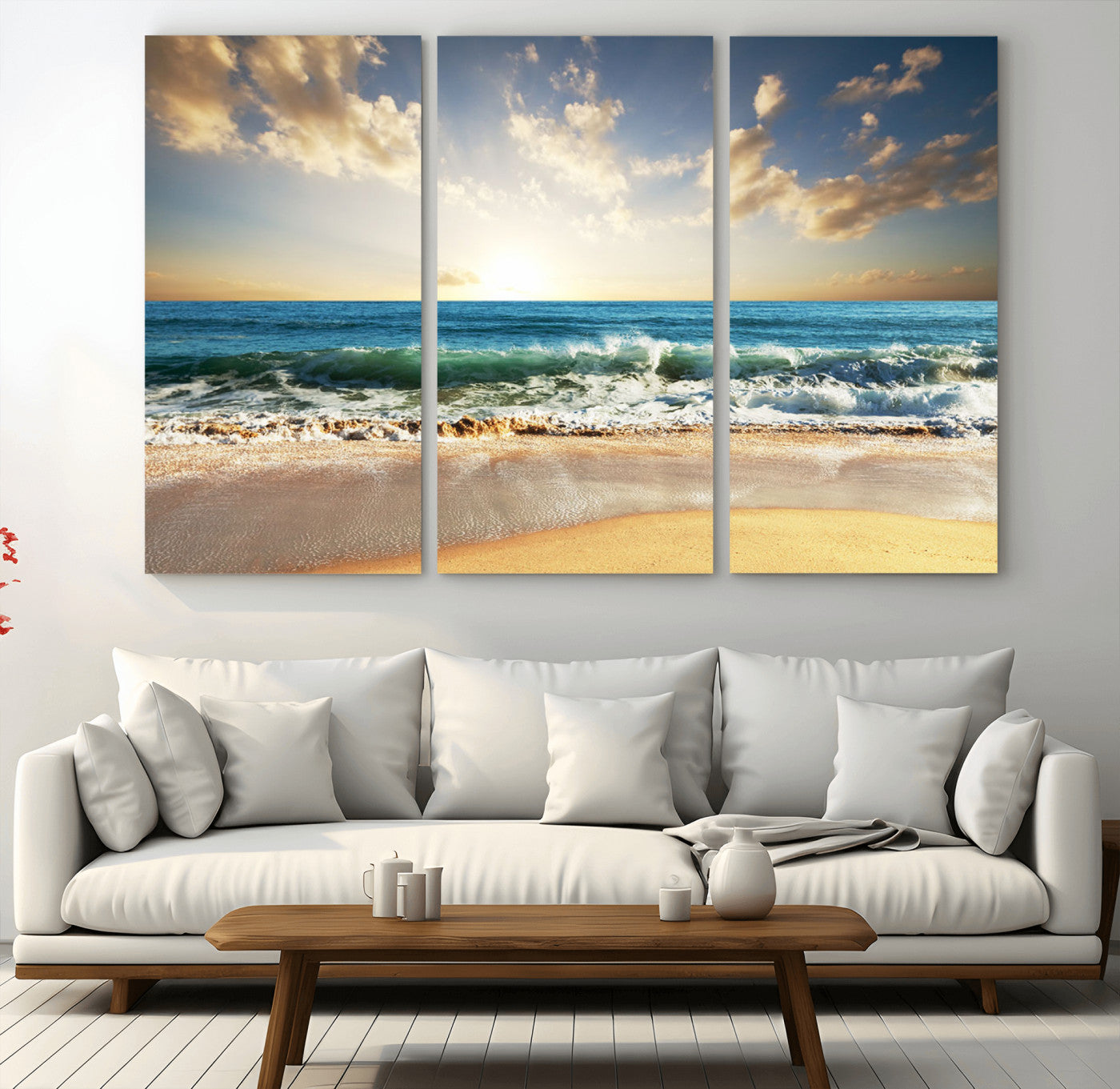 MGV-CV-48X32-3P - Golden Sunset Beach Triptych Canvas Wall Art for Living Room – 3-Panel Ocean View, Framed & Ready to
