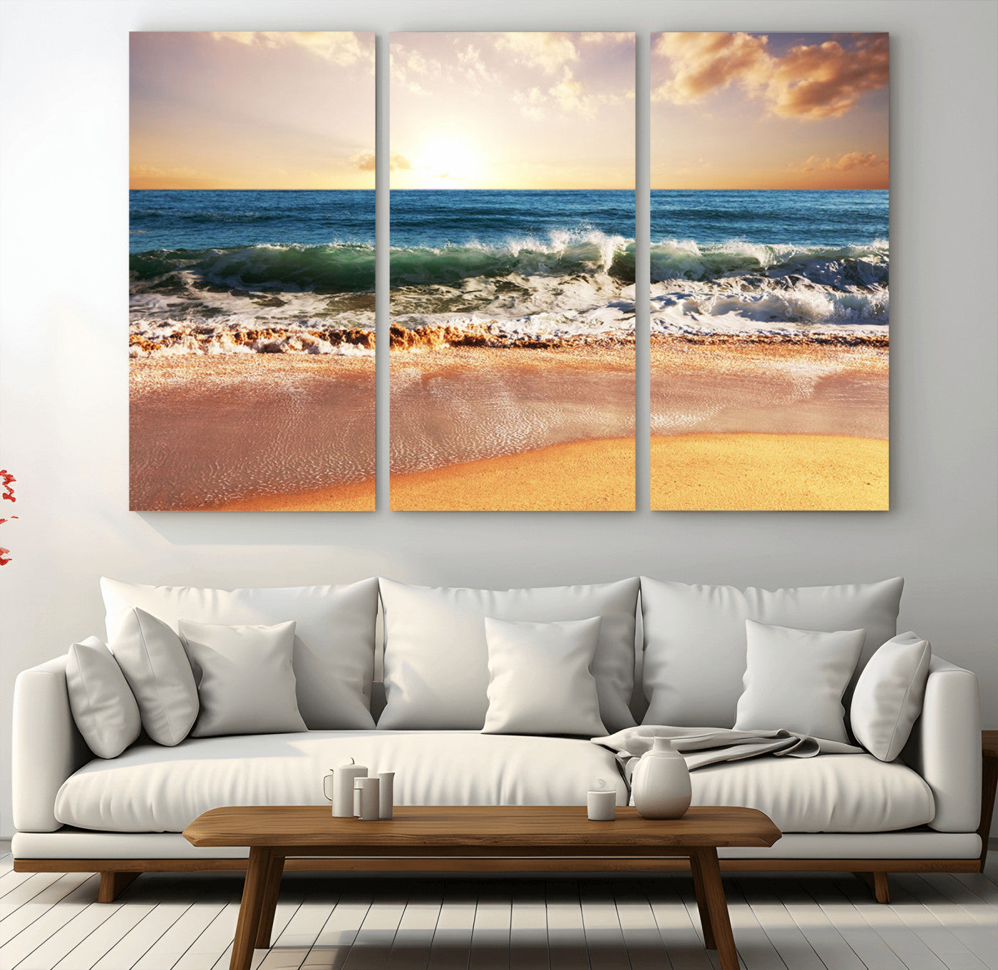 MGV-CV-48X32-3P - Sunset Beach Wall Art - 3-Panel Framed Canvas Print, Ready to Hang Ocean Sunset for Coastal and
