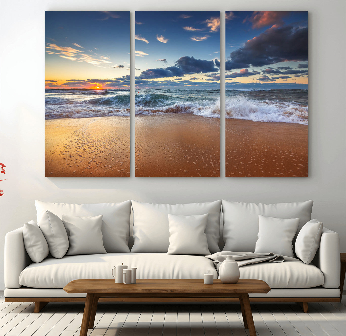 MGV-CV-48X32-3P - Beach Canvas Wall Art - Coastal Seascape Print for Living Room or Bedroom, Ocean Waves on Sand,