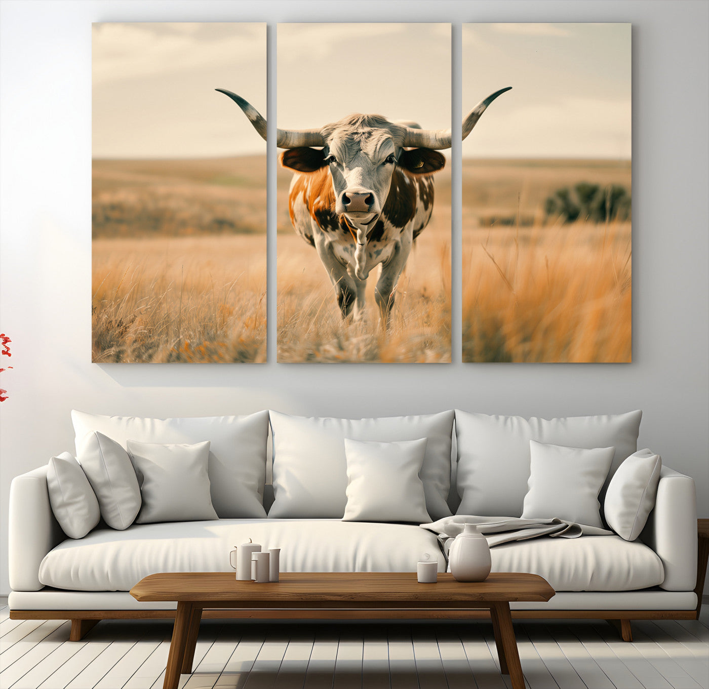 16580-MGV-CV-48X32-3P-Texas Cow Longhorn Wall Art Canvas Print for Farm House Wall Decor, Farmhouse Cow Print Canvas Wall Art Print
