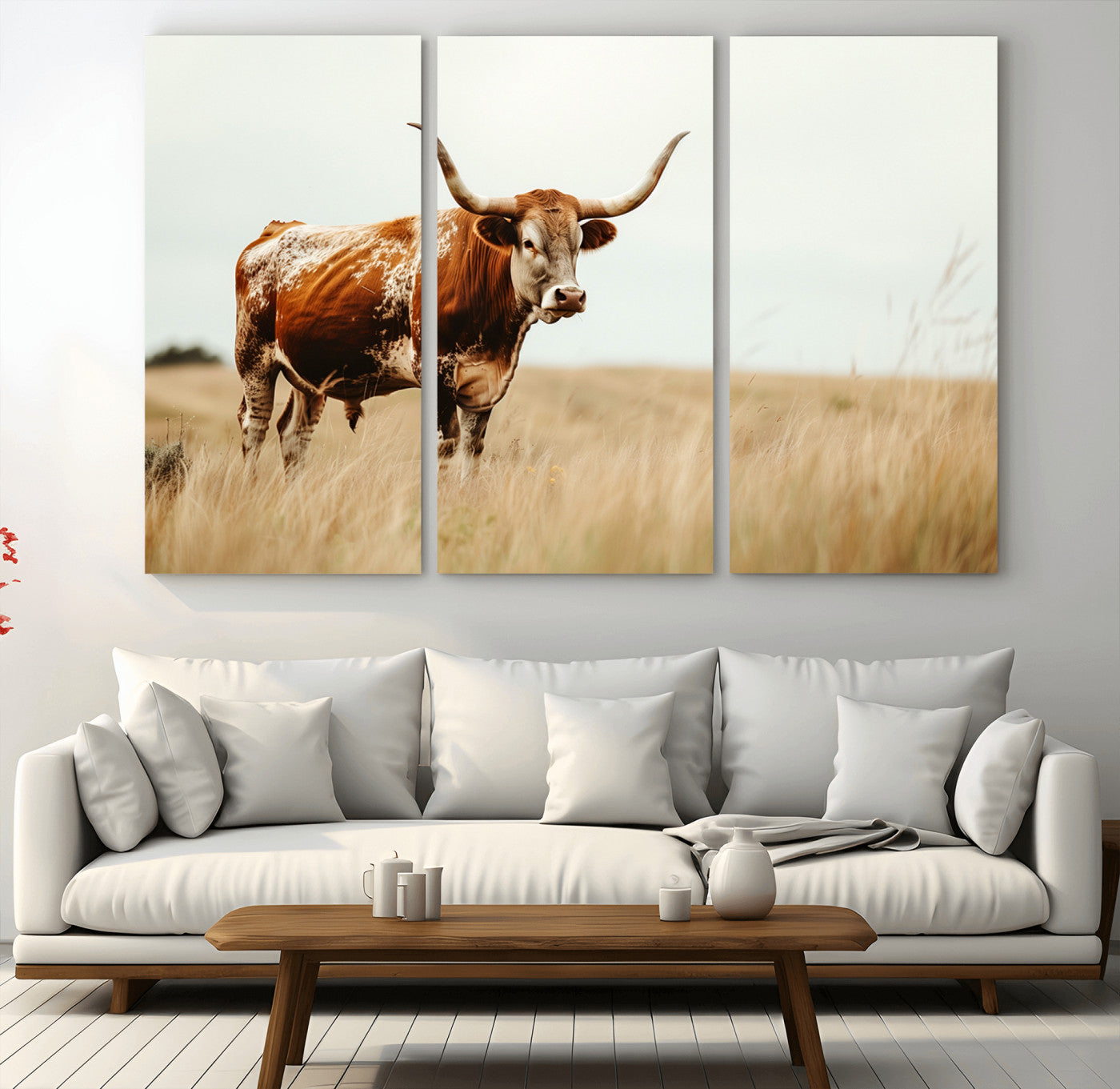 MGV-CV-48X32-3P - Texas Longhorn Canvas Wall Art Print – Majestic Western Cattle in Rustic Farmhouse Decor – Cow Wall