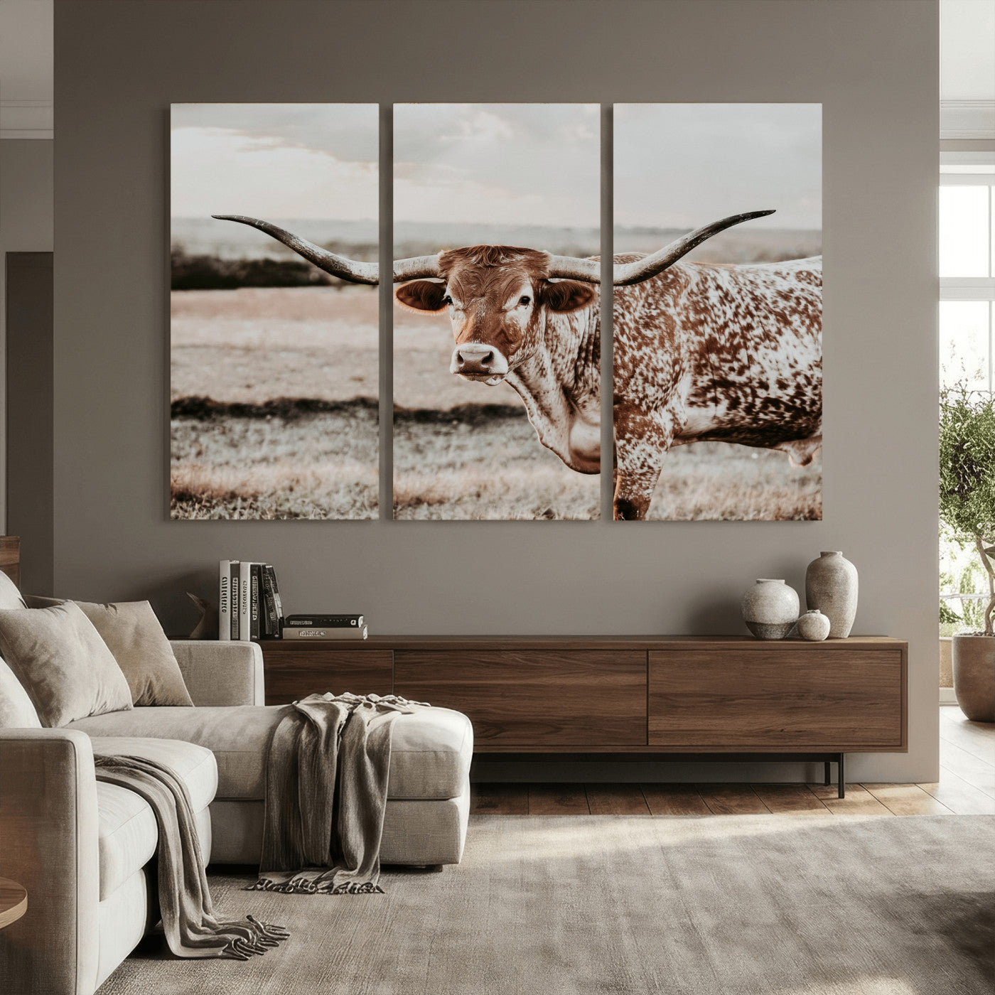 62910-MGV-CV-36X24 - Texas Longhorn Canvas Wall Art Print – Majestic Western Cattle in Rustic Farmhouse Decor – Cowboy Wall Decor