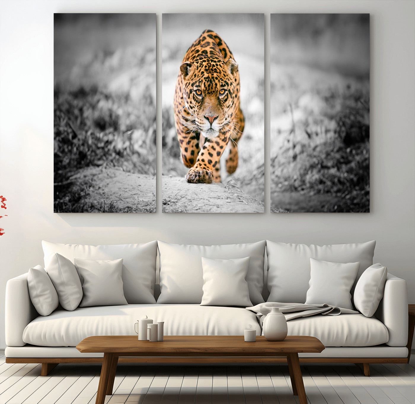 MGV-CV-48X32-3P - Jaguar Wall Art Canvas Print - Majestic Big Cat in Focused Pursuit - Ready to Hang