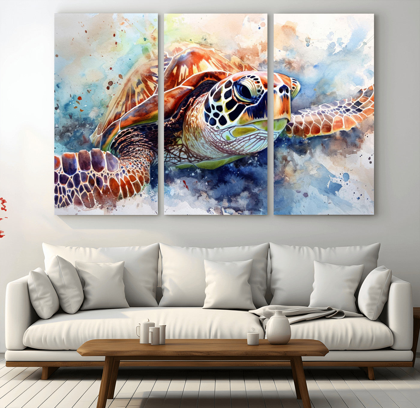 MGV-CV-48X32-3P - Watercolor Sea Turtle Wall Art Canvas Print - Vibrant Ocean Colors in Watercolor Style - Ready to