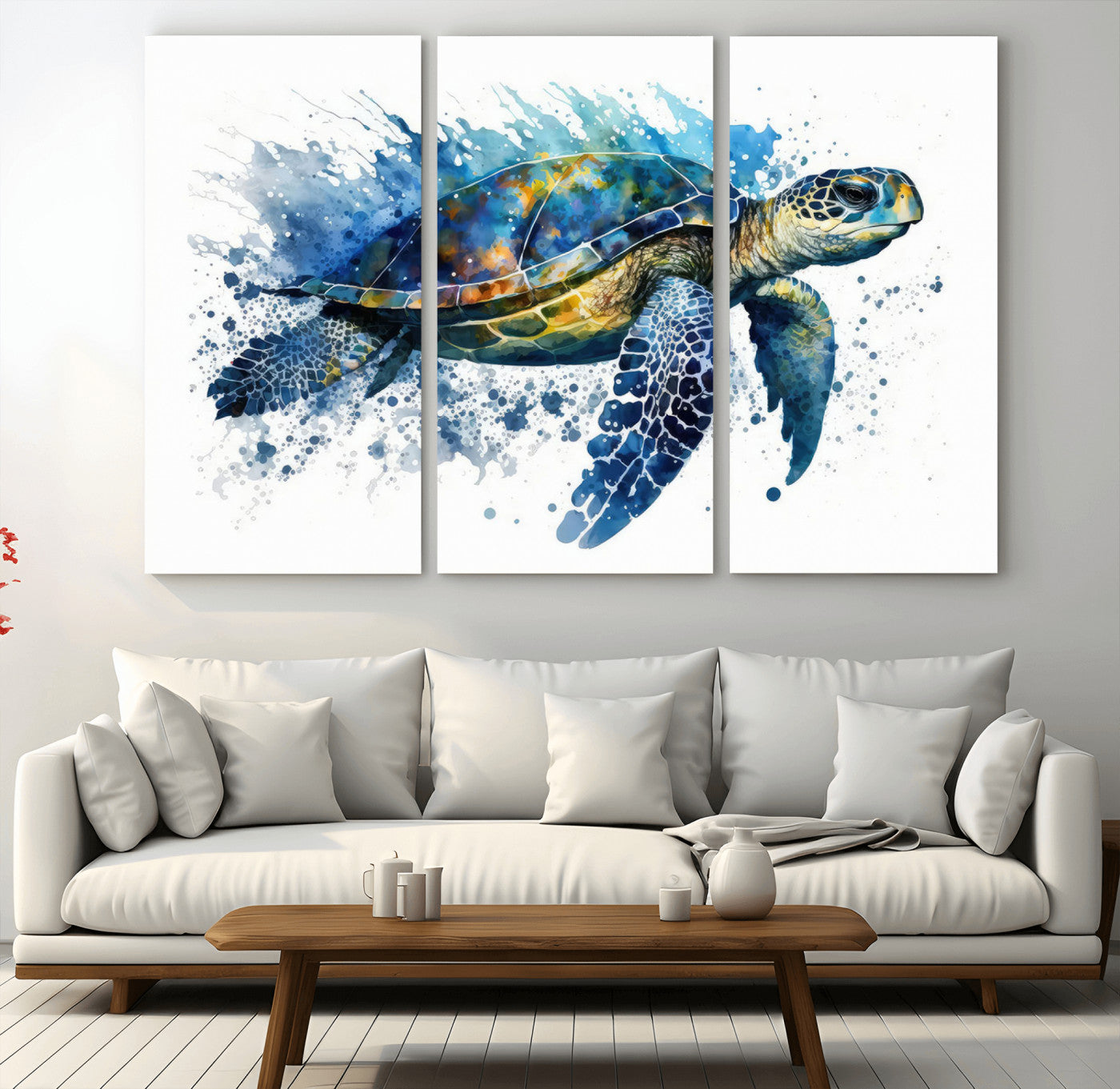 MGV-CV-48X32-3P - Turtle Wall Art Canvas Print, Framed Watercolor Turtle Art Picture Print, Ocean Life Perfect Nautical Decor Artwork