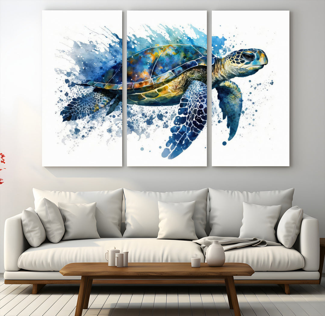 The Turtle Wall Art Print, featuring blue splashes, beautifully showcases Ocean Life.