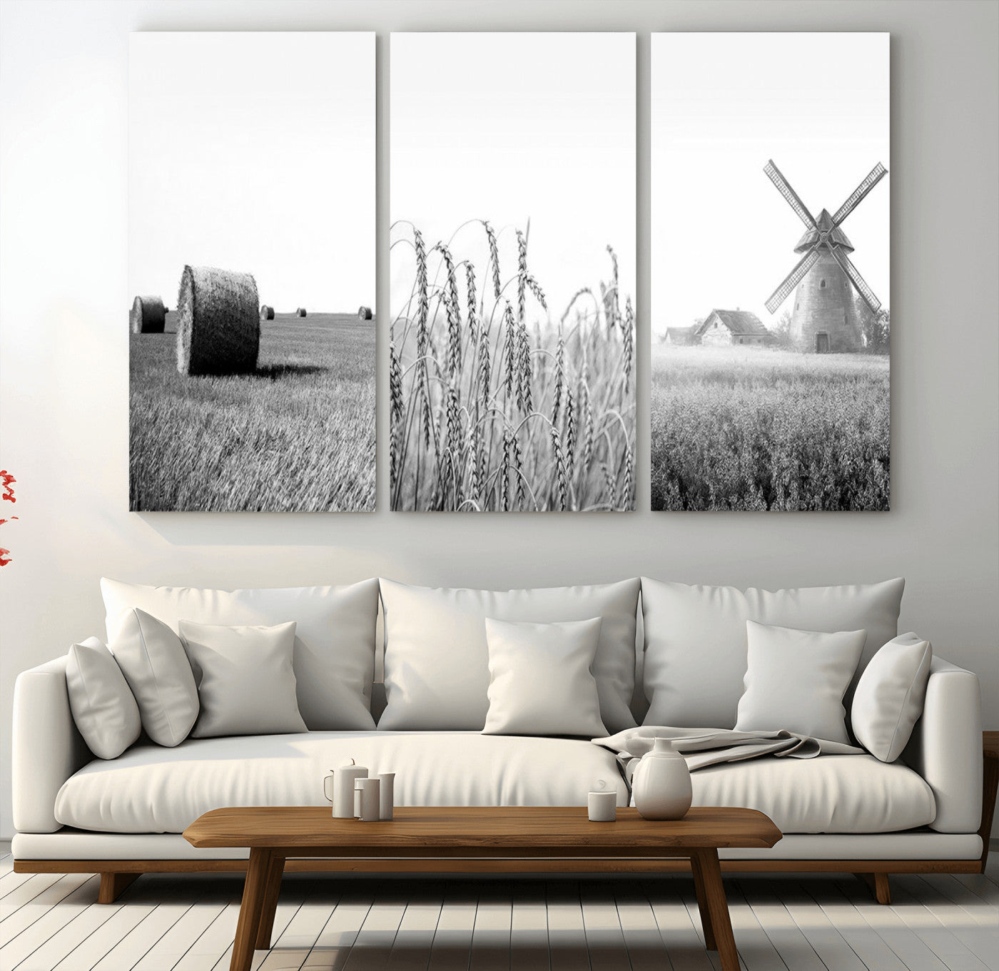 MGV-CV-48X32-3P - Vintage Farmhouse Black and White Triptych Wall Art – Giclee Canvas Featuring Wheat Fields, Hay