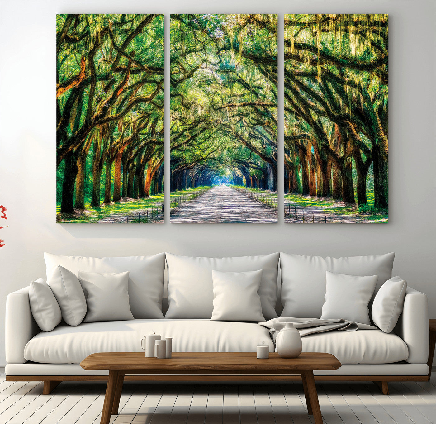 MGV-CV-48X32-3P - Serene Tree Tunnel Wall Art Canvas Print – Pathway Under Canopy of Lush Green Trees, Nature-Inspired