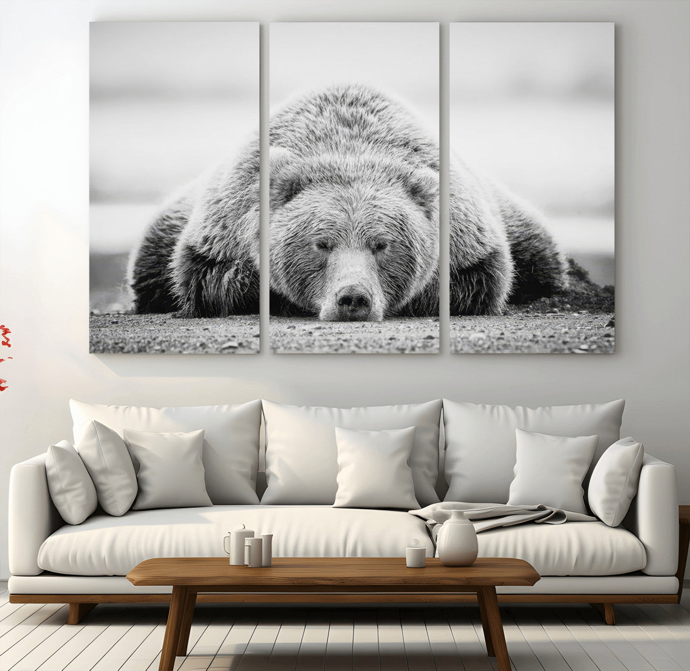 MGV-CV-48X32-3P - Resting Grizzly Bear Wall Art Canvas Print – Majestic Lazy Black and White Wildlife Bear Art,