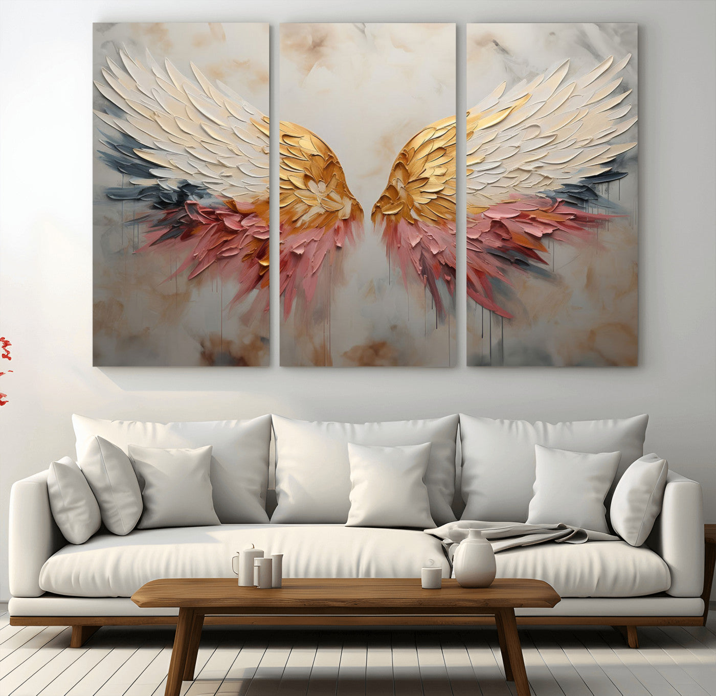 MGV-CV-48X32-3P - Golden Angel Wings Wall Art Canvas Print – Stunning Abstract Winged Art for Elegant Home Decor –