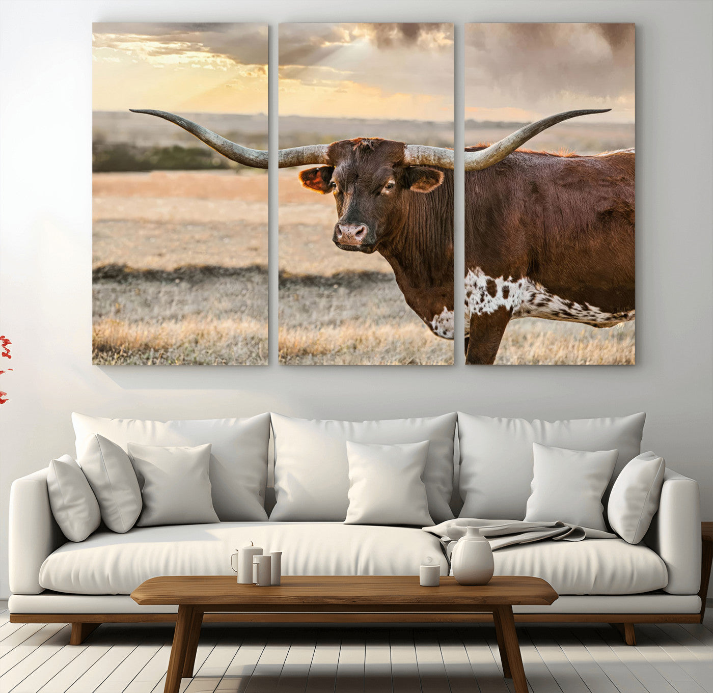 MGV-CV-48X32-3P - Texas Longhorn Wall Art Canvas Print, Rustic Ranch Decor, Majestic Western Longhorn Cattle