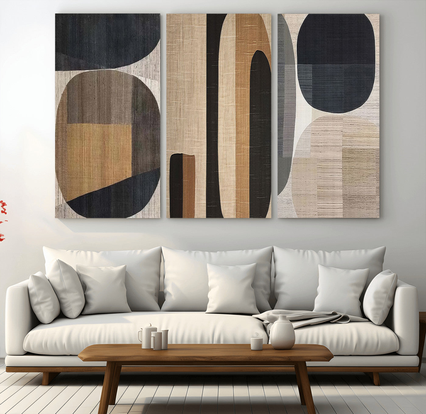 MGV-CV-48X32-3P - Abstract Minimalist Canvas Wall Art - Neutral Geometric Modern Boho Decor, Minimalist Brown Wabi