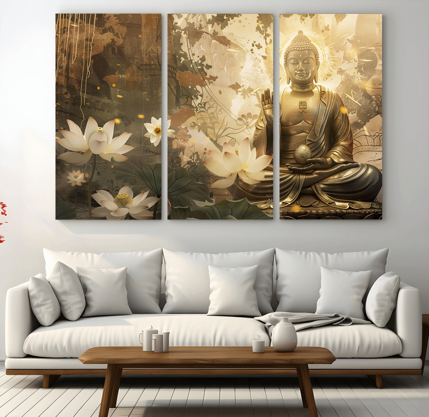 MGV-CV-48X32-3P - Zen Buddha Wall Art Canvas Print | Peaceful Meditation Decor with Lotus Flowers | Spiritual Serenity