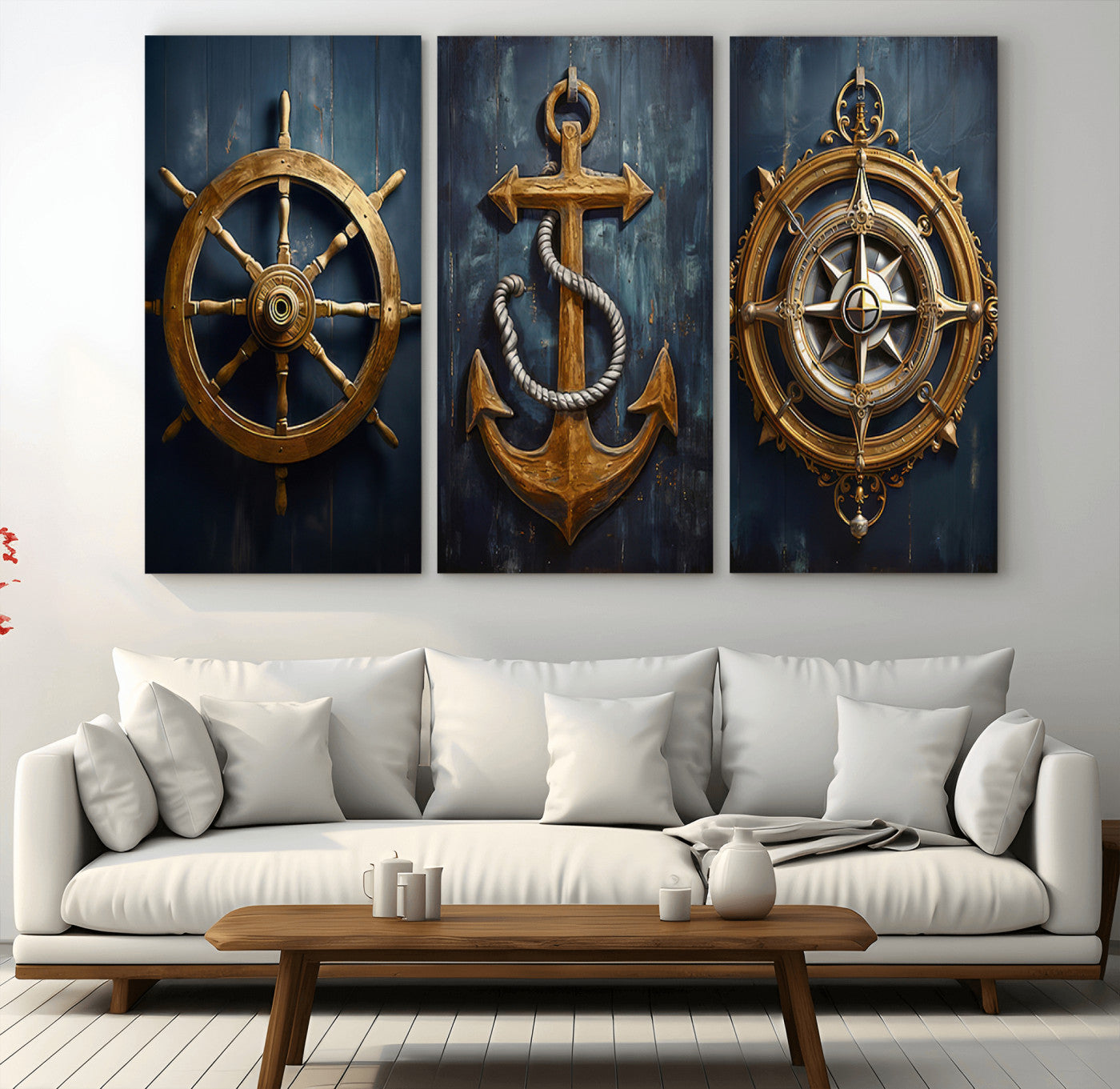 MGV-CV-48X32-3P - Boat Anchor Compass With Rope Wall Art Canvas Print | Beach House Wall Art