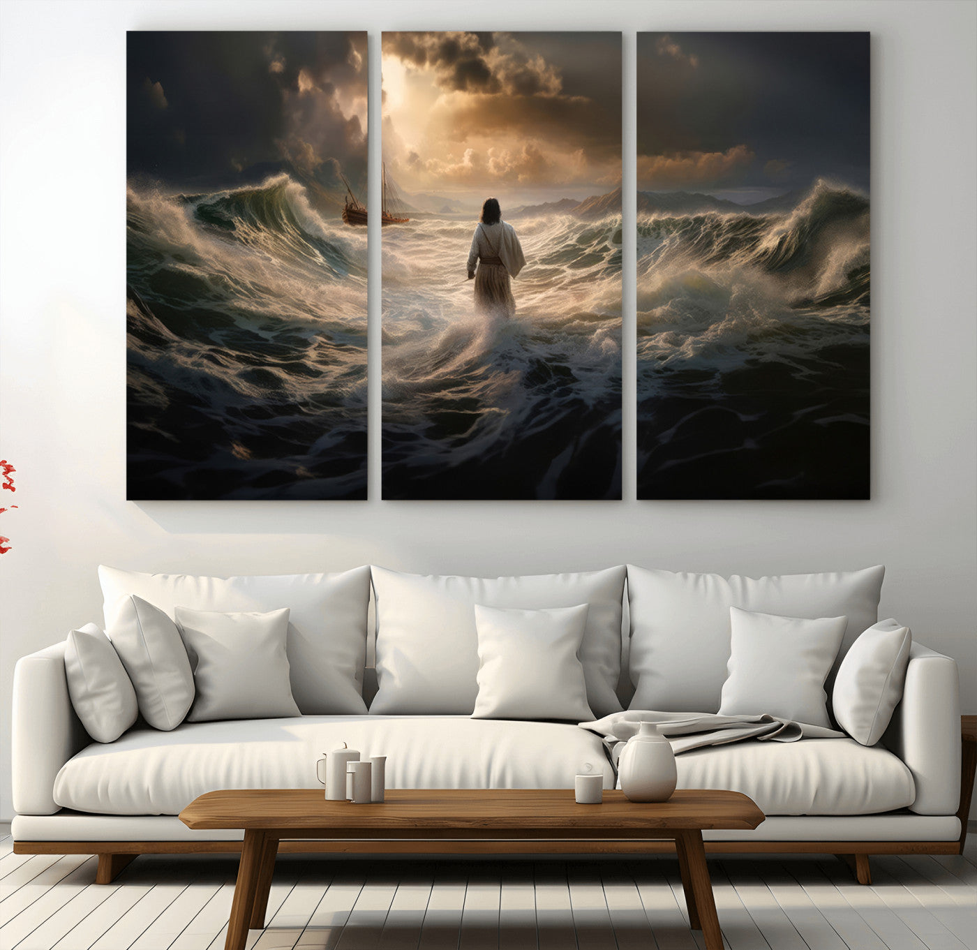 MGV-CV-48X32-3P - Jesus Walking on Water Wall Art Canvas Print - Religious Spiritual Decor - Jesus Wall Art Canvas