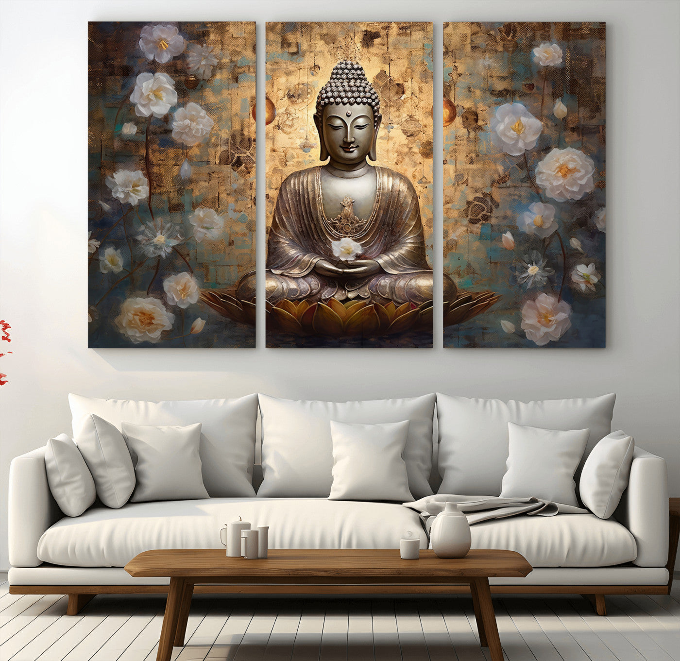 MGV-CV-48X32-3P - Golden Buddha Wall Art Canvas Print | Zen Meditation Floral Decor | Tranquil Spiritual Home Art |